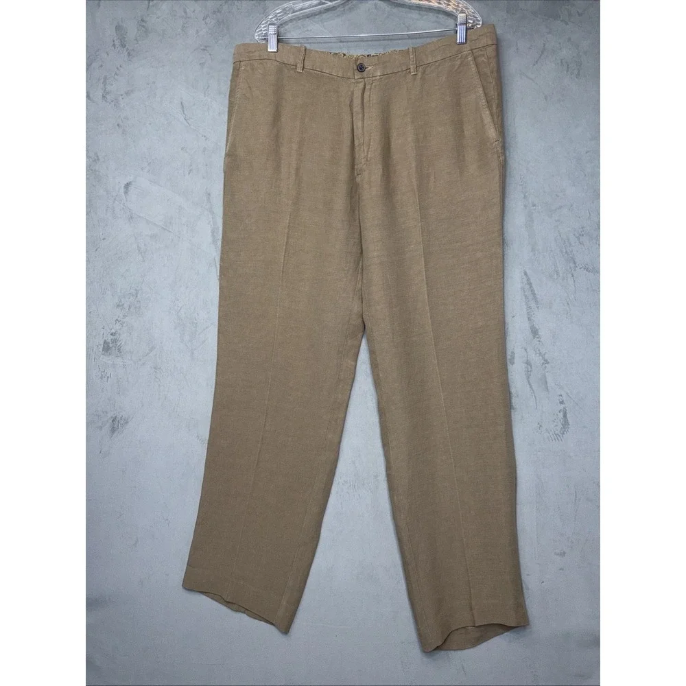 Tommy Bahama Men's Linen Lyocell Dress Pants Khaki Tan Flat Front 38x32